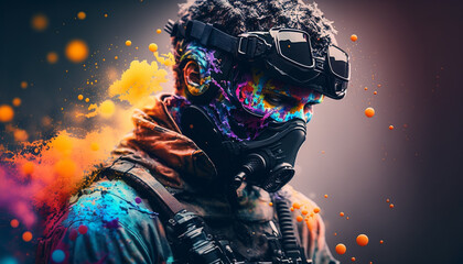 A tactical suit, colorful paint and smoke bombs for a war game. Generative AI