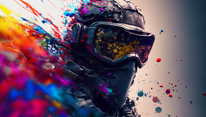A tactical suit, colorful paint and smoke bombs for a war game. Generative A