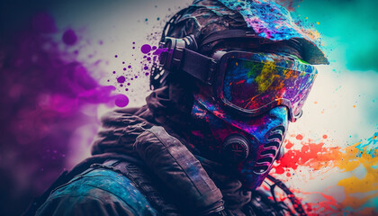 A tactical suit, colorful paint and smoke bombs for a war game. Generative A