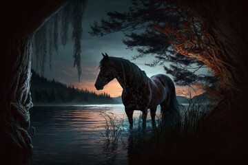A stallion in a beautiful sunset view. Generative AI