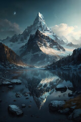 Landscape with snow and clouds. Snow covered mountains in winter. Generative AI - obrazy, fototapety, plakaty