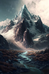 Landscape with snow and clouds. Snow covered mountains in winter Generative AI - obrazy, fototapety, plakaty