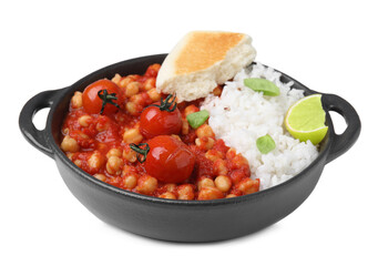 Delicious chickpea curry with rice on white background