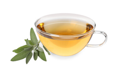 Cup of aromatic herbal tea and fresh sage isolated on white