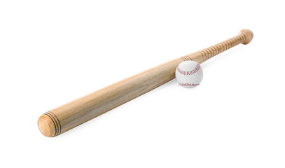 Wooden baseball bat and ball on white background. Sports equipment
