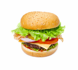 One delicious burger with beef patty and lettuce isolated on white