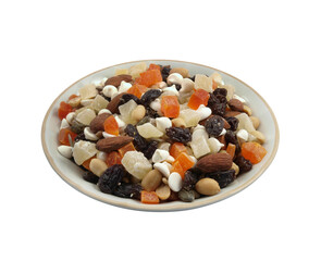 A bowl full of Tropical Trail Mix isolated with cut out background.