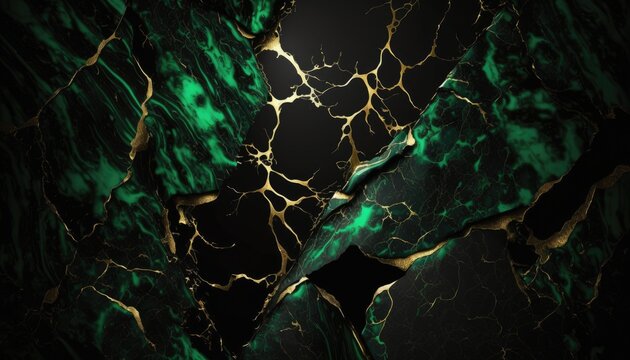 Mysterious Green and Black Marble Texture with Gold Accents, AI-Generated