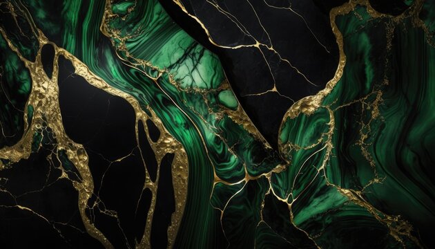 Striking Green and Black Marble Texture with Gold Highlights, AI-Generated