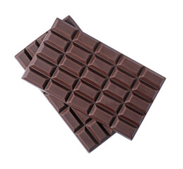 Delicious dark chocolate bars isolated on white, top view