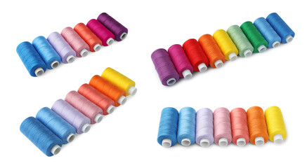 Set of different colorful sewing threads on white background