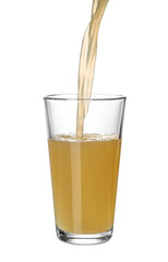 Pouring fresh juice into glass on white background