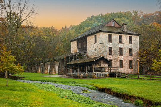 Old historical mill house at Spring Mill State Park in Indiana.