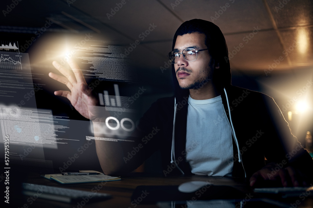 Aufkleber Hacking is a skill that comes second-nature to him. Shot of a young hacker cracking a computer code in the dark.