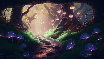 Fototapeta premium forest with glowing mushroom digital art illustration, Generative AI