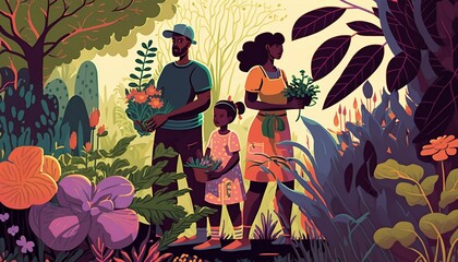 Illustration of an African American family in a garden full of plants, flowers, and blossoms, generative AI
