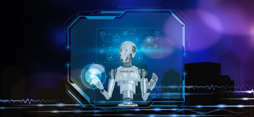 Obraz premium Robot touching icon New world future technology, artificial intelligence (AI) concept for internet network technology and digital software development, metaverse algorithm, and copy space