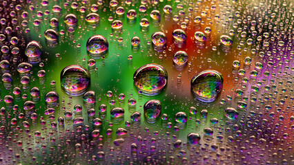 Drops of water. Abstract wet background. Colored macro texture of a drop. Iridescent gradient. Heavily textured image. Shallow depth of field. Selective focus