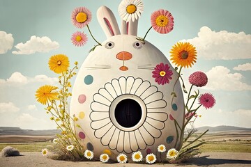Easter bunny in his magical house surrounded by flowers, Generative AI, easter bunny, chocolate, easter eggs, eggs, cute, landscape, easter wallpaper, wallpaper, generative ai, banner, cute, rabbit, 