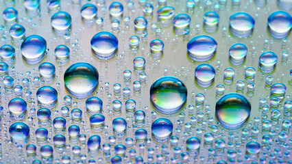 Drops of water. Abstract background. Macro texture of many drops. Rainbow color gradient. Heavily textured image. Shallow depth of field. Selective focus