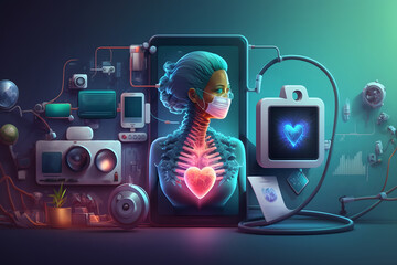 Ciekawie wyglądające ikony związane z medycyną ,leczeniem, zdrowiem w stylistce nowej technologi. Generative AI - obrazy, fototapety, plakaty