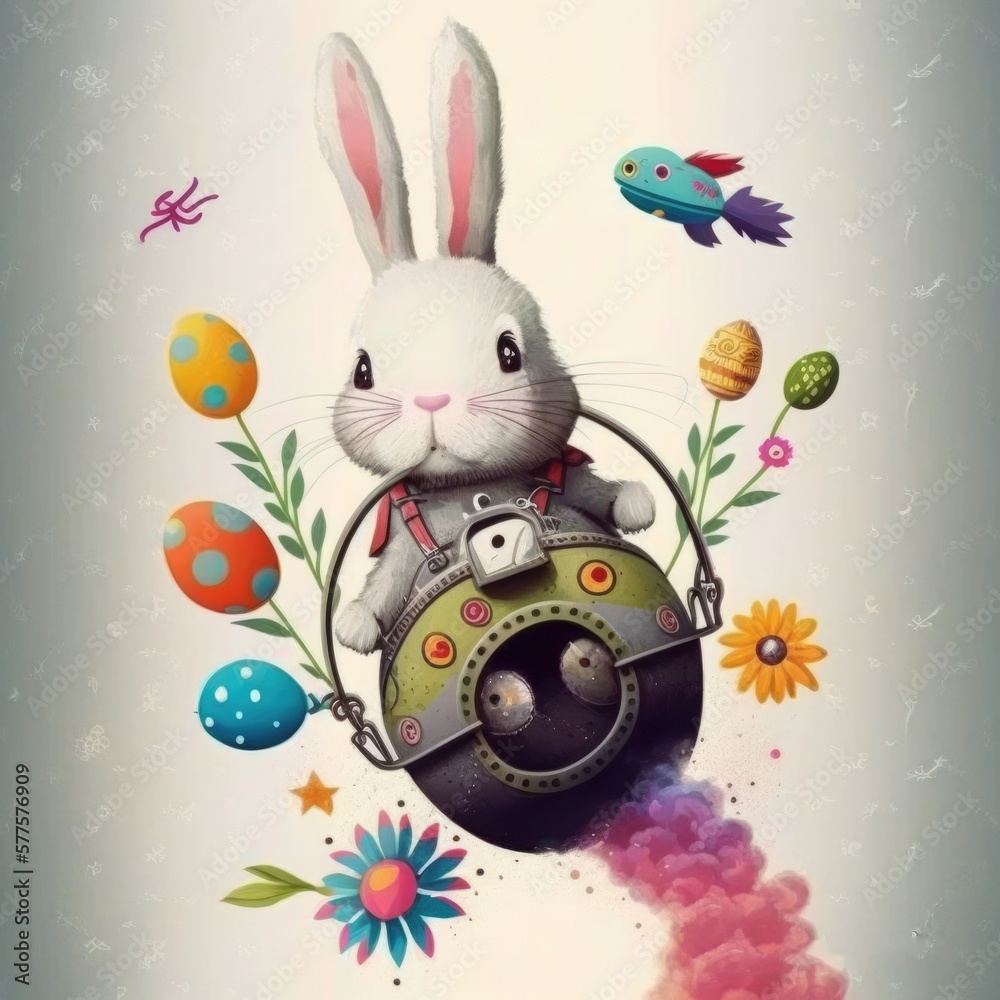 Wall mural a cute rabbit astronaut wearing a spacesuit and helmet riding a space rocket, floral, generative ai