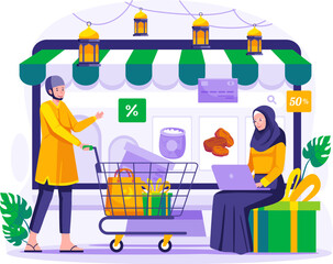 Muslim people are shopping online through websites on a giant desktop. A woman sitting with her laptop and a man is holding a trolley. Ramadan Sale and Shopping concept illustration