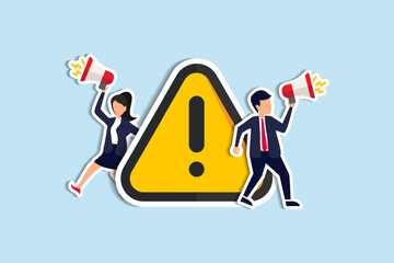 Important announcement, attention or warning information, breaking news or urgent message communication, alert and beware concept, business people announce on megaphone with attention exclamation sign