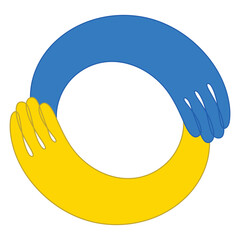 Hands in the shape of a circle. Ring of hug from the hands of yellow and blue. Support for Ukraine. Care, love and charity symbol. Embrace icon. 