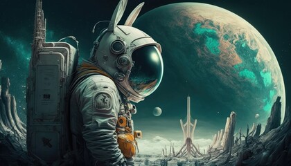 Obraz na płótnie Canvas Easter bunny in space wearing a helmet, Generative AI