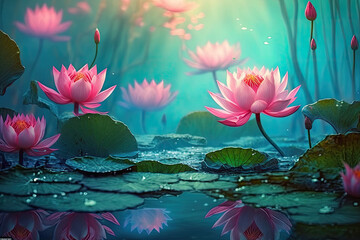 beautiful pink water lilies flowers in water, blossoming sakura trees, nature background wallpaper, generative AI - obrazy, fototapety, plakaty