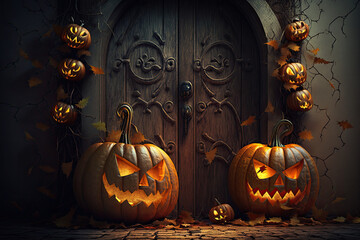 Halloween creepy spooky background, pumpkins, jack-o-lantern, 3d render, 3d illustration, generative AI