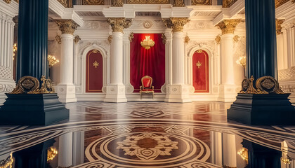 Obraz premium A realistic fantasy interior of the royal palace. golden red palace. castle interior. Fiction Backdrop. concept art. generative ai 