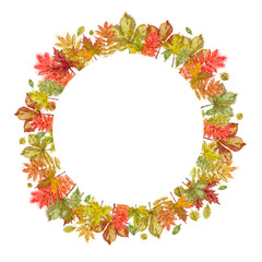 Autumn Leaves Round Wreath. Watercolor Botanical Round Frame for Print, Message, Announcement, Advertising, Greeting Card, Note, Flyer, Poster, and other Print Promotion.