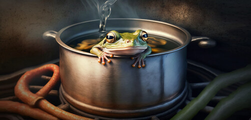 Boiling frog, A frog being slowly boiled alive.  Not real image created with generative ai.  - obrazy, fototapety, plakaty
