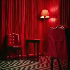 Red room with chevron patterned floors. Generative AI.