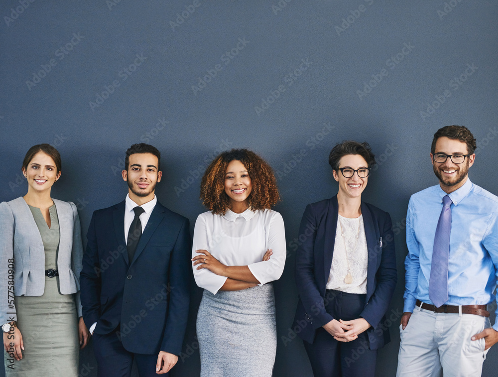 Sticker Weve each got our role to play. Studio shot of a group of businesspeople standing in line against a gray background.