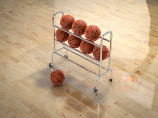 Practice basketball concept. Training ball rack over court floor. 3d rendering.
