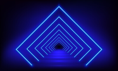 Podium, road, pedestal, platform in form rhombus with neon luminous rays on blue background. Stage with scenic lights. Abstract 3D neon backdrop. Neon magic motion lights square. Vector illustration.