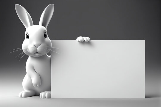 3D rabbit cartoon holding blank sign. 3D animal background