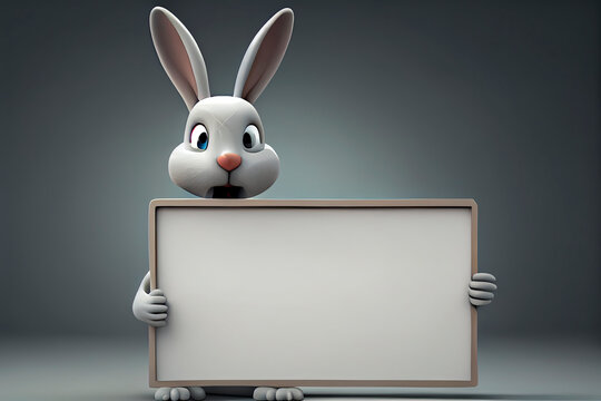 3D rabbit cartoon holding blank sign. 3D animal background