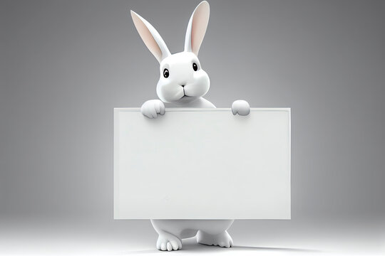 3D rabbit cartoon holding blank sign. 3D animal background