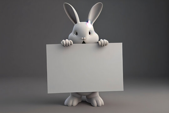 3D rabbit cartoon holding blank sign. 3D animal background