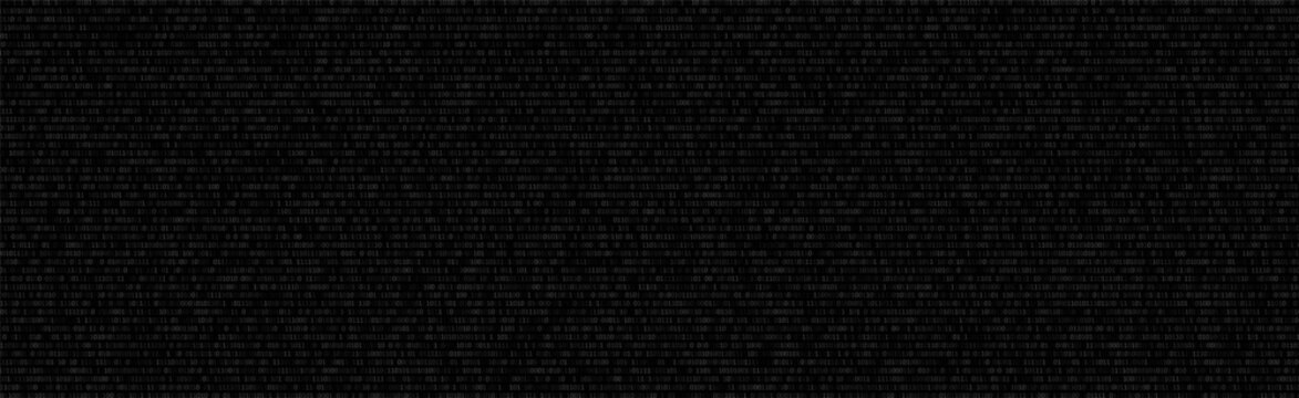 Binary code black and white background with two binary digits, 0 and 1 isolated on black background. Algorithm Binary Data Code, Decryption and Encoding. Security protection. Vector illustration.