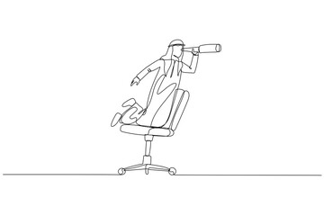 Illustration of arab businessman riding office chair using telescope. metaphor for business vision. Single continuous line art style