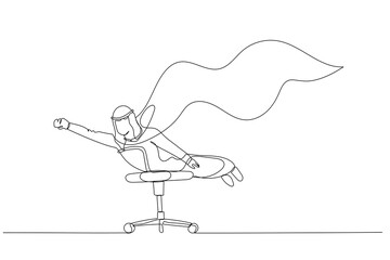 Cartoon of arab businessman with cape on office chair pose like hero. Continuous line art