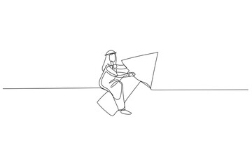 Drawing of arab businessman riding arrow moving toward objective. metaphor for business mission. Single continuous line art