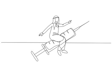 Drawing of arab businessman riding syringe moving fast. metaphor for healthy. Single line art style