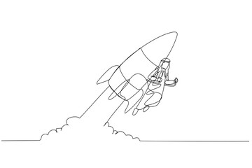 Cartoon of arab businessman using rocket going to the moon. metaphor for project start up. Single continuous line art style