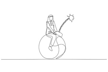 Drawing of arab businessman riding round object that can explode. metaphor for risk. Single line art style